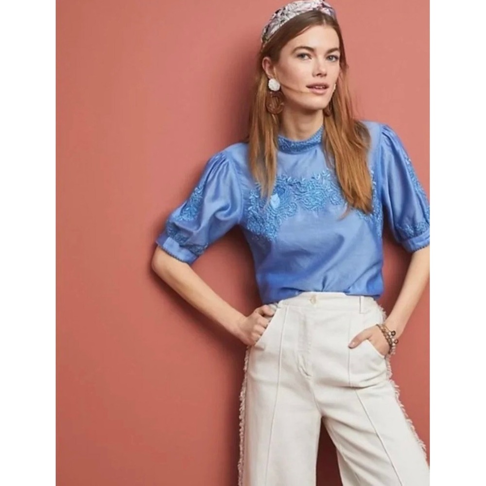 Anthropologie PAYAL JAIN Embroidered Carrington Floral Blouse Top Silk Medium‎